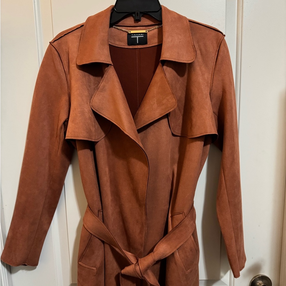 Tahari Rust Faux Suede Stretch Short Trench Coat